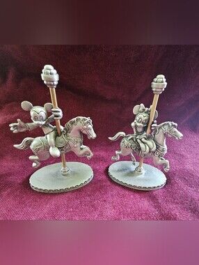 RARE 2PC SET Disney Hudson Fine Pewter Mickey & Minnie Mouse Carousel Figurines